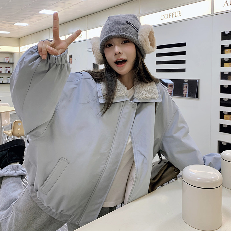 羊羔毛领羽绒服蓝色派克服女冬季2024新款白鸭绒工装外套加厚流行,女装羽绒服,慧峰