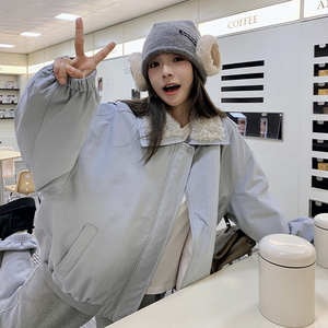 羊羔毛领羽绒服蓝色派克服女冬季2024新款白鸭绒工装外套加厚流行图片