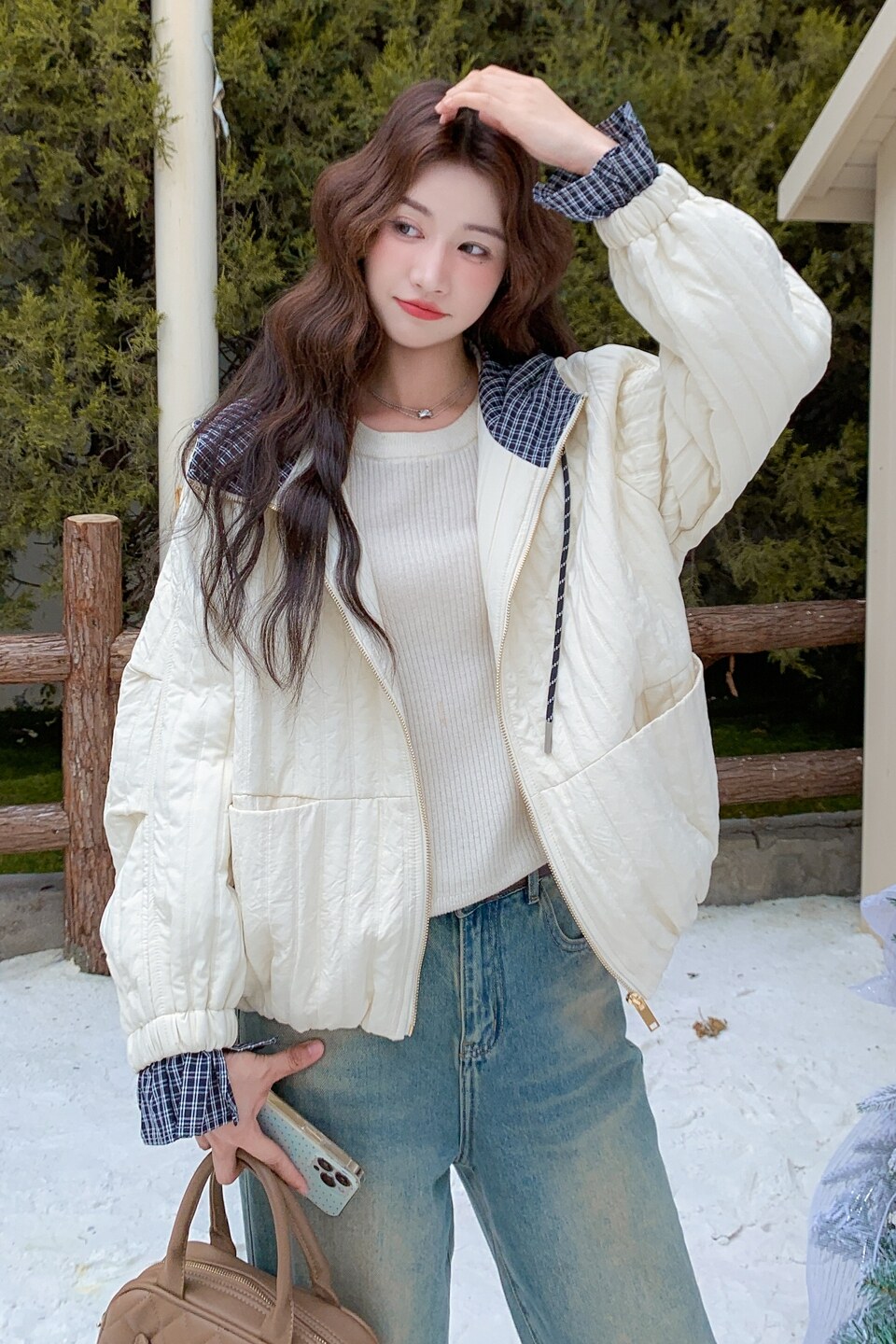 韩系格子拼接轻薄款羽绒棉服外套女冬季小个子超火棉衣夹棉外套,女装棉衣/棉服,慧峰