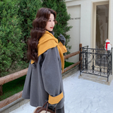 韩系撞色毛线围巾外套女短款加厚高级感灰色加棉呢大衣，女装短外套，慧峰