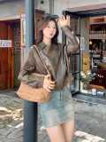 翻领秋季宽松短外套春秋长袖单排扣短款女中式老钱风显瘦小个子，女装皮衣，慧峰