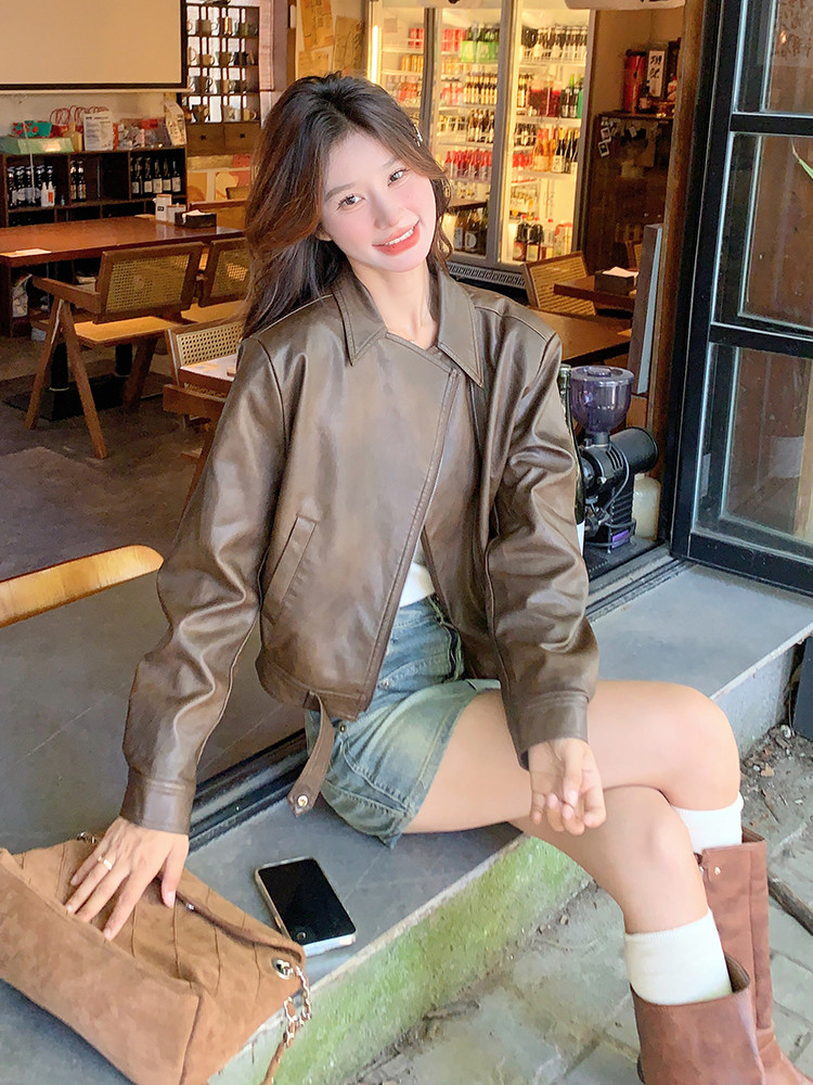 翻领秋季宽松短外套春秋长袖单排扣短款女中式老钱风显瘦小个子,女装皮衣,慧峰