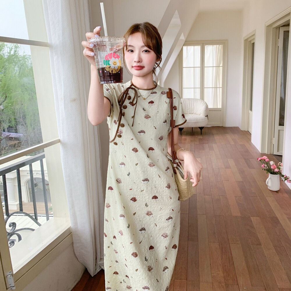 新中式国风盘扣印花改良旗袍连衣裙女夏2025新款长款气质显瘦裙子,女装连衣裙,慧峰