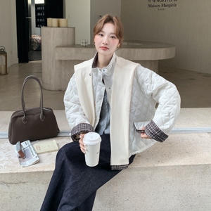 米白色菱格夹棉立领棉服女冬季2025新款韩系洋气浪漫防风保暖棉衣图片