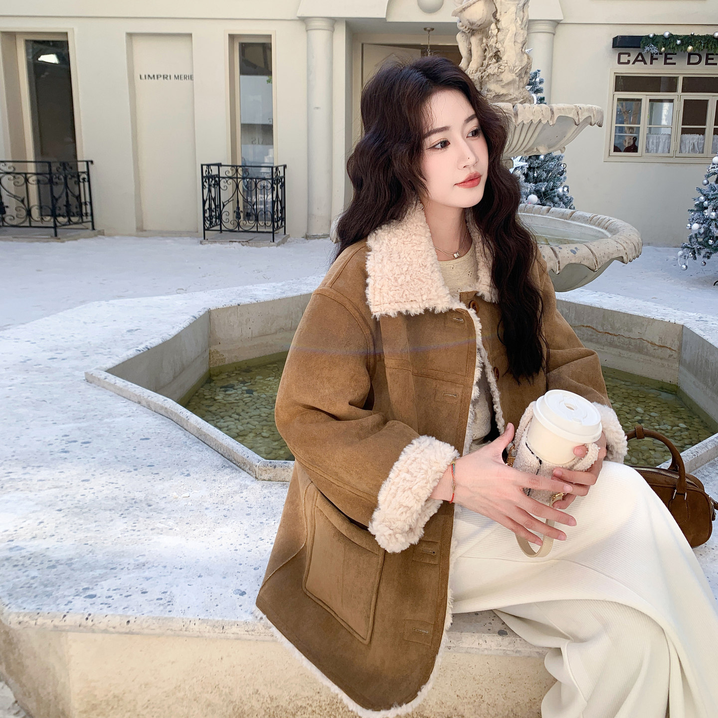 韩系双面穿羊羔毛外套女冬季皮毛一体加厚保暖麂皮风短外套,女装短外套,慧峰