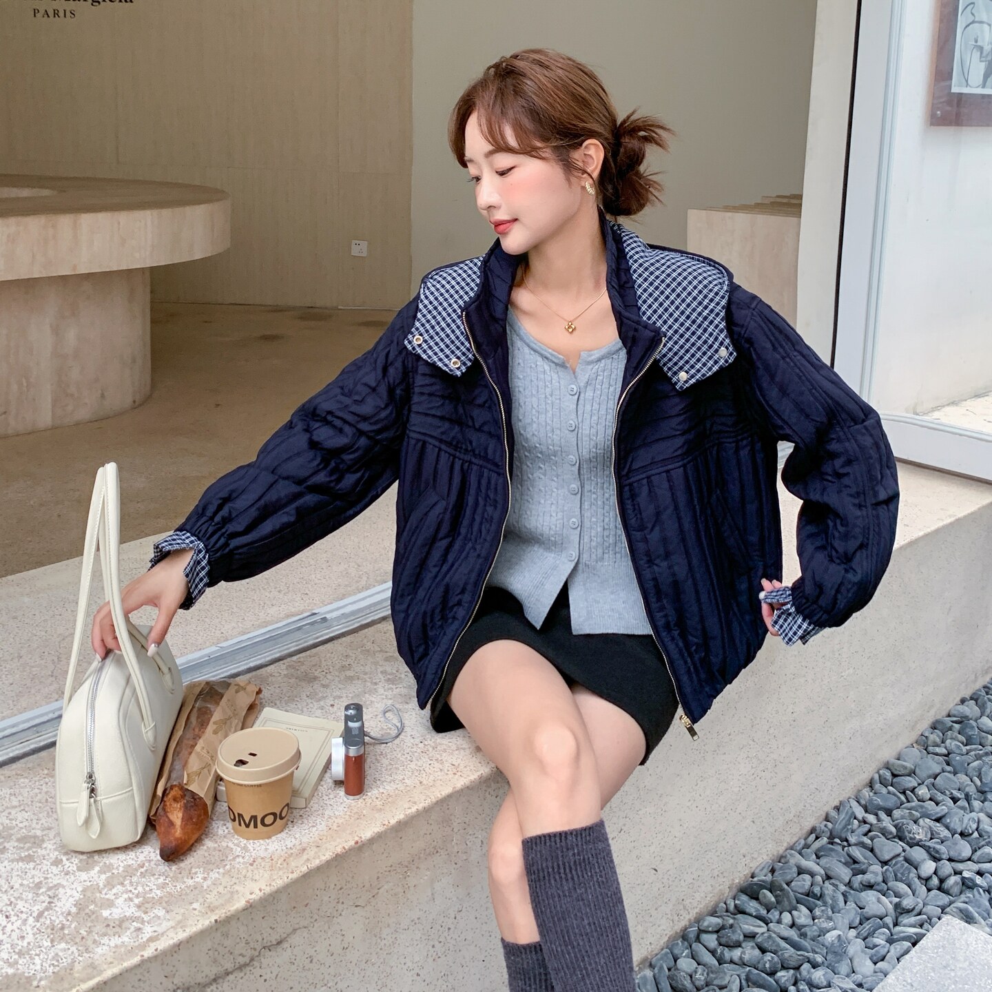 韩系复古蓝色连帽棉服外套女冬季2025新款小个子气质超火棉衣棉袄,女装套装/套裙,慧峰