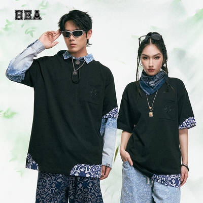 【HEA】国潮醒狮创意花卉拼接短袖男女同款国风潮牌休闲T恤上衣夏