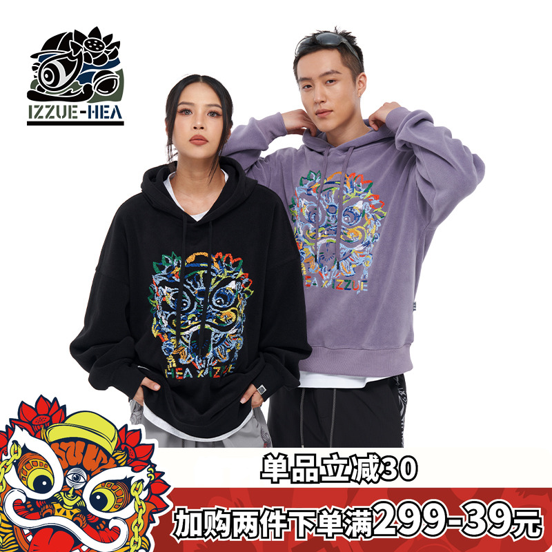 潮牌醒狮狮头连帽长袖卫衣情侣装