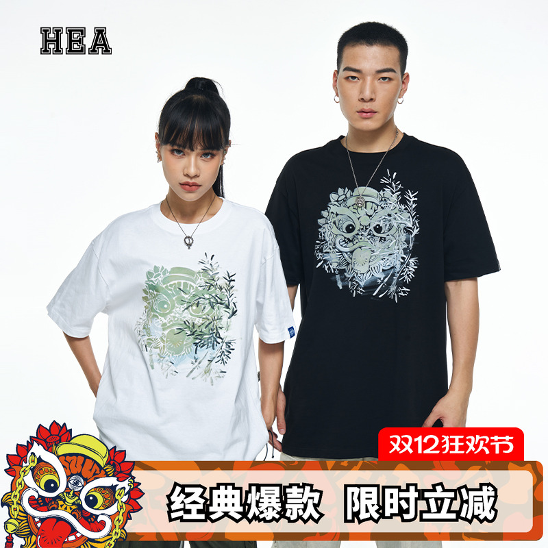 国风涂鸦竹林狮头短袖T恤