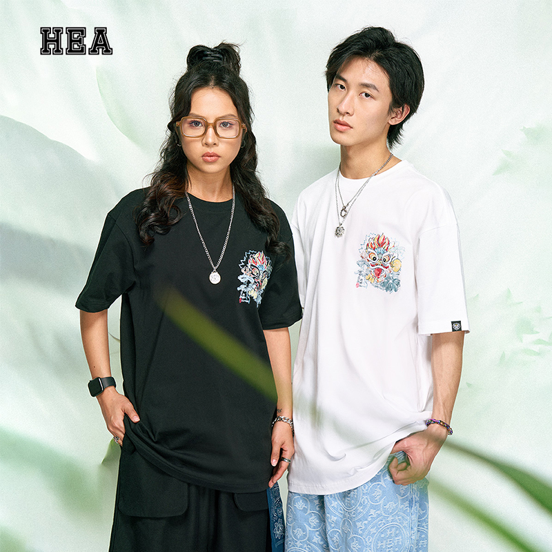 HEA 国潮醒狮个性狮子头印花短袖男女同款国风创意百搭休闲T恤