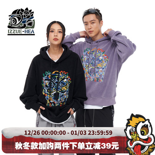 潮牌醒狮狮头连帽长袖卫衣情侣装