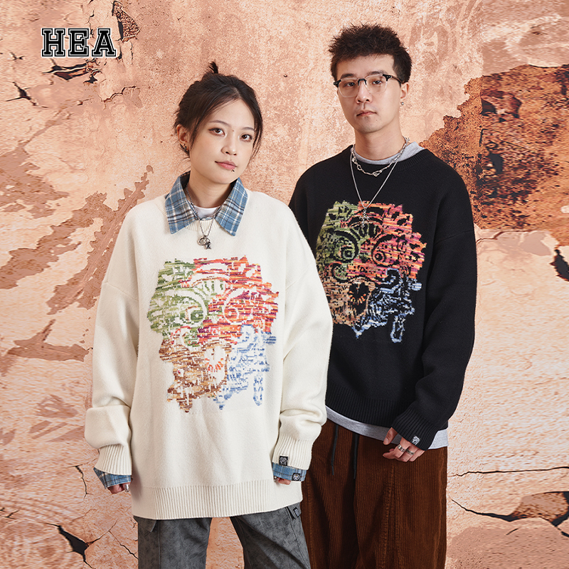 HEA毛衣男女国潮醒狮秋冬保暖四季如狮针织毛衣圆领无性别毛衣潮