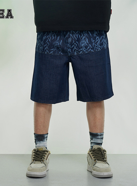 HEA 国潮醒狮国风印花牛仔短裤男女同款街头百搭小众五分裤夏