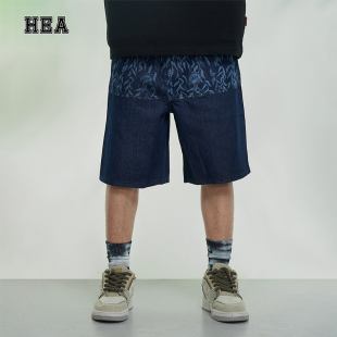街头百搭小众五分裤 男女同款 夏 国潮醒狮国风印花牛仔短裤 HEA