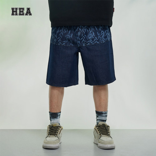 HEA 国潮醒狮国风印花牛仔短裤男女同款街头百搭小众五分裤夏