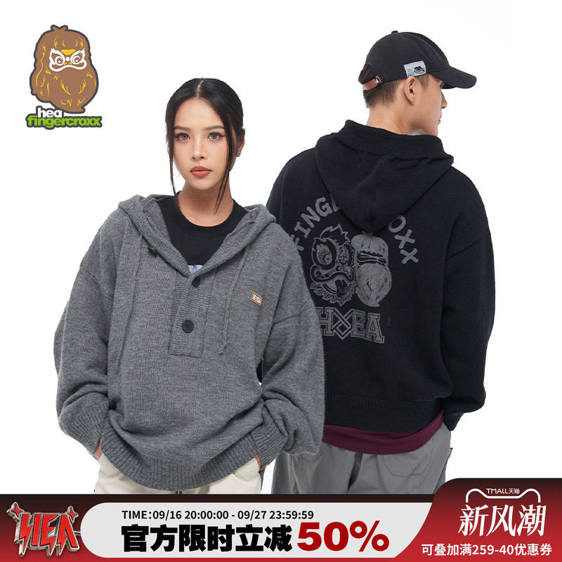 潮牌半开领连帽毛衣男女高级感