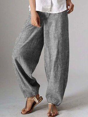 Women Solid Color Casual Plain Linen Pants Fashion Waist Loo