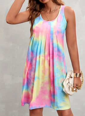 Plus Size Women's Summer Tie-dye Pleated Sleeveless Dress Be