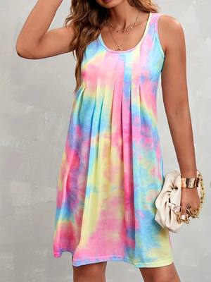 Plus Size Women's Summer Tie-dye Pleated Sleeveless Dress Be