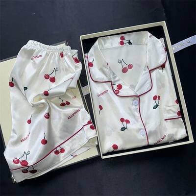 Cherries Print Two Pieces Pajamas Set Summer Faux Stain Paja