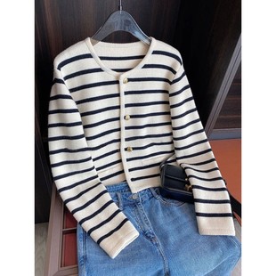 Women Spring Single Knitted neck Cardigan Stripe Autumn