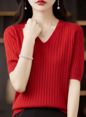Women Sweater Short Sleeve V-neck Stripe Knitwears Slim Fit