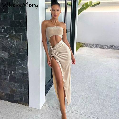 WhereMery Summer Sexy Sleeveless Slit Dress Hollow Out Skinn
