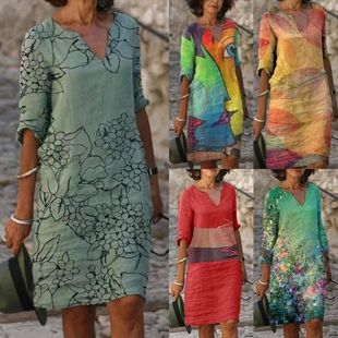 Half Dresses Summer Neck Womens 2023 Printing Slee Fashion