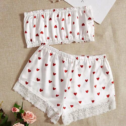 Lace Satin Sleepwear for Women Bra Pajamas Set Love Print Se