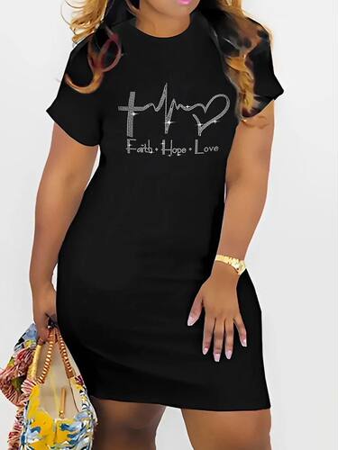 Plus Size Women's Rhinestone Letter Print Casual Dress with