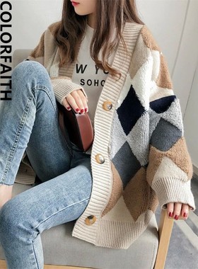 Colorfaith 2022 Plaid Chic Cardigans Button Puff Sleeve Chec