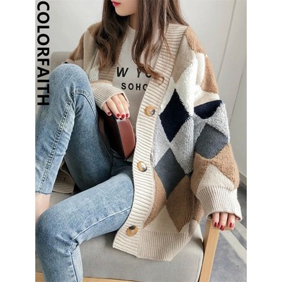 Colorfaith 2022 Plaid Chic Cardigans Button Puff Sleeve Chec
