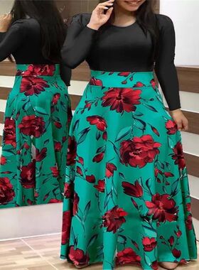 Plus Size 2023 Autumn Winter Long Dress Women Black Patchwor