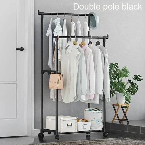 Coat Rack Movable Double Clothes Shelf Simple Rod Clothes  F