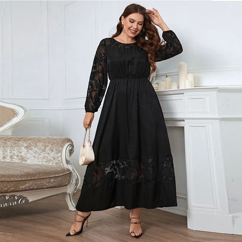 Plus Size Lace Women Dress See Through Long Sleeves Robe Scr