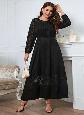 Plus Size Lace Women Dress See Through Long Sleeves Robe Scr