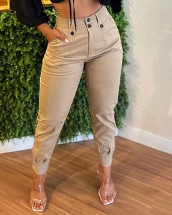 High Ankle Women Khaki Length Pants Waist Pencil Buttoned