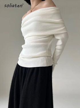 Spring Autumn Off Shoulder Women Sweaters Elegant Vintage Kn