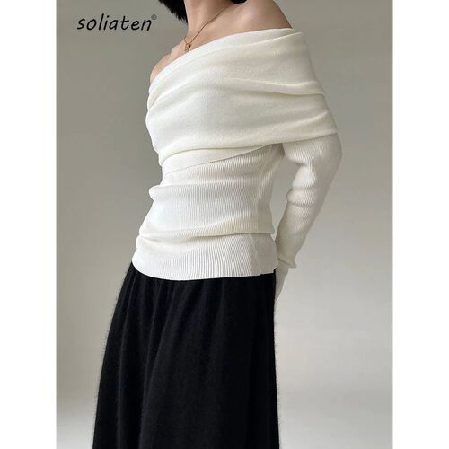 Spring Autumn Off Shoulder Women Sweaters Elegant Vintage Kn