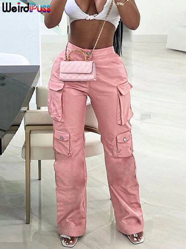Weird Puss Faux Leather Cargo Pants Women Pocket Casual Hips