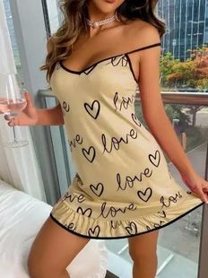 Print Silk Pajamas Women Sleepwear Nightgown Heart Milk Cute