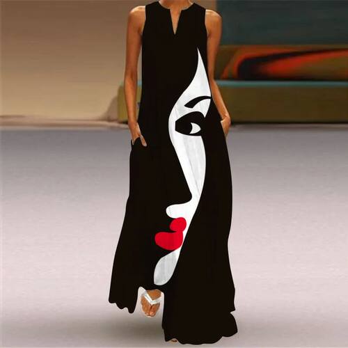 Lady Summer Long Women's Dress Black Sleeveless Loose Face P