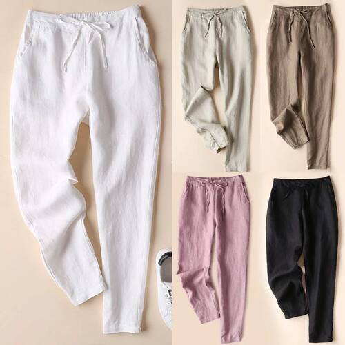 2023 Women Cotton Linen Loose Pants Thin Trousers Solid Colo