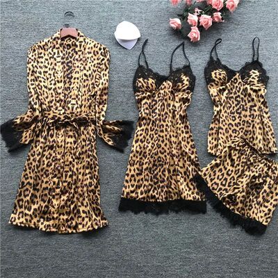 Leopard Print Sexy Women Pajamas Sets Satin Sleepwear Pijama