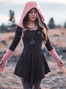 Plus Size Winter Retro Dress, Women's Plus Warm Contrasting