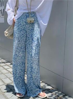 Blue White Flower-dyed Casual Pants Pleated Style Small Fres