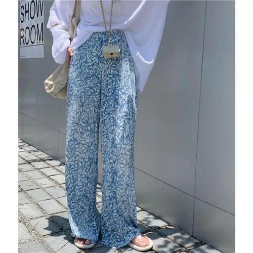 Blue White Flower-dyed Casual Pants Pleated Style Small Fres