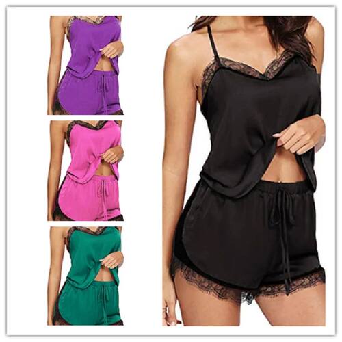 Fashion Women Pajama Suit V-Neck Stretch Satin Babydoll Lace
