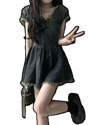 Plus Size American Vintage Style Raw Edge V Neck Denim Dress