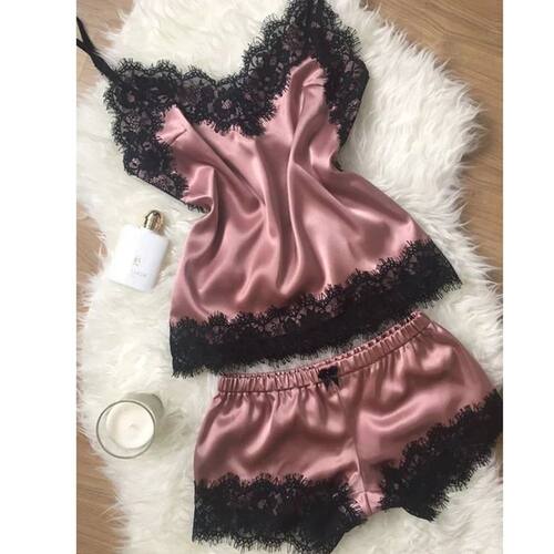 Women Pajama Suit Fashion V-Neck Stretch Satin Babydoll Lace